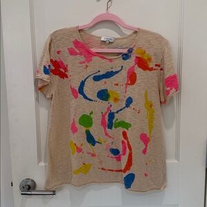 J Society Beige Tee Shirt with Colorful Splashes Women’s Size L